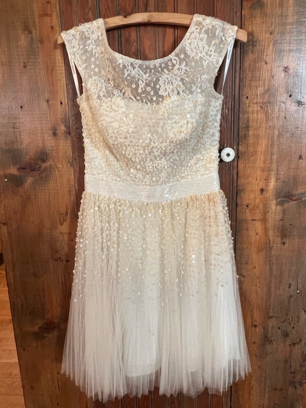 Sherri Hill Ivory Sequin Tulle Midi Dress - Low Back with Pleated Skirt 
Size 2